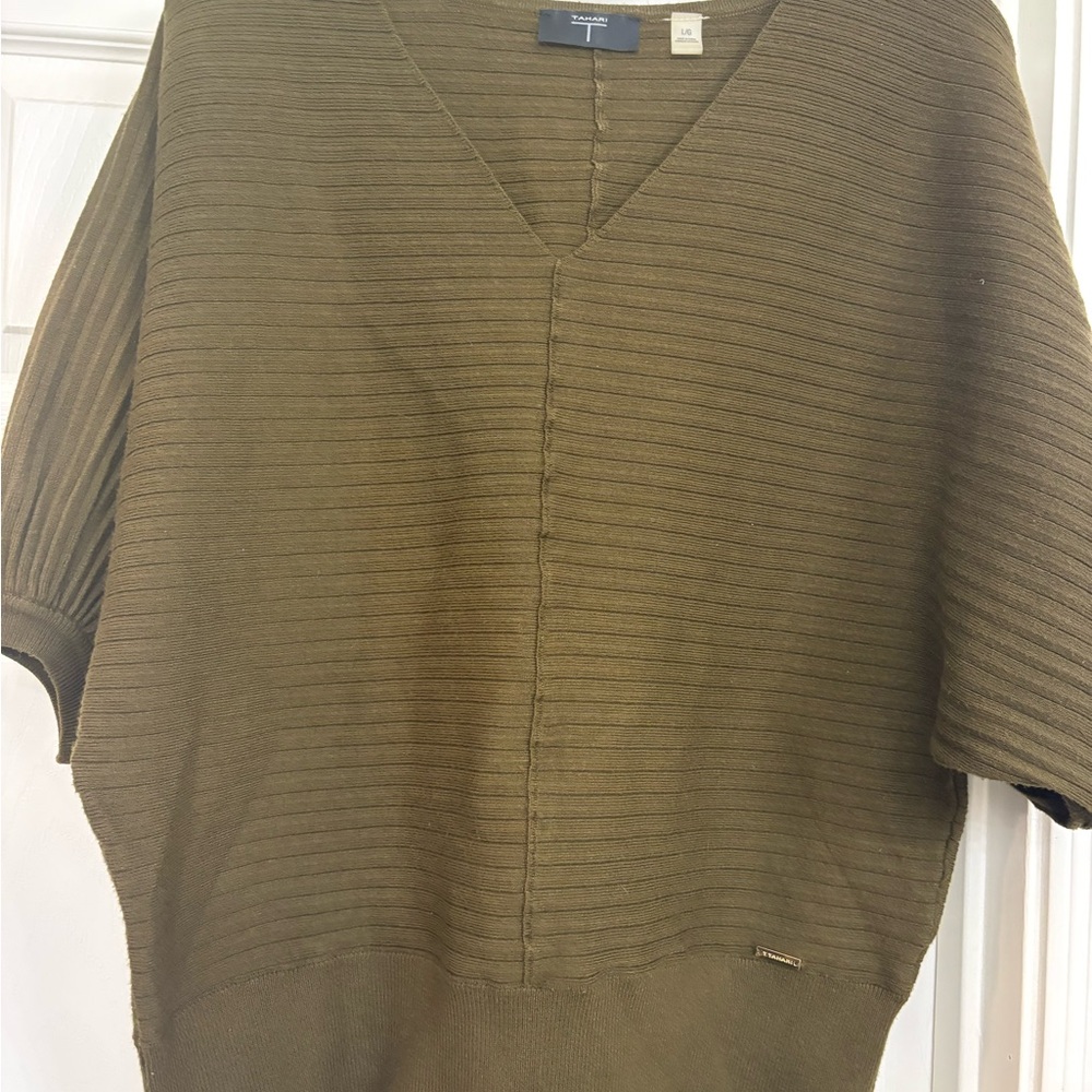 Tahari Olive Ribbed Knit Top